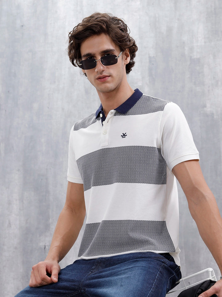 Regualr Fit Striped Printed Polo Tshirt | White