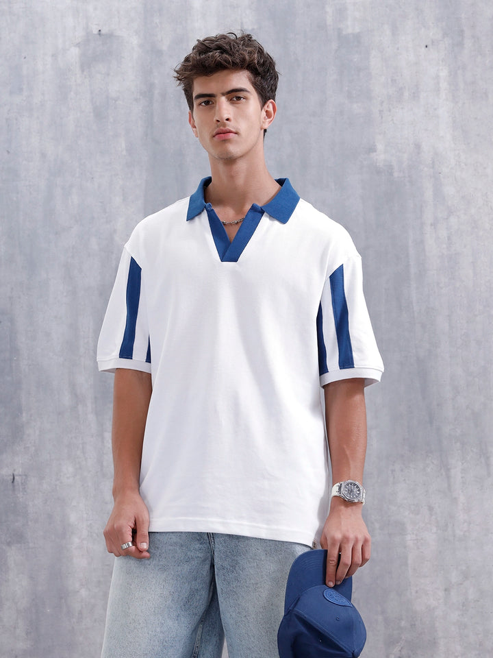 Oversized Johnny Collar Sporty Polo T-Shirt | White