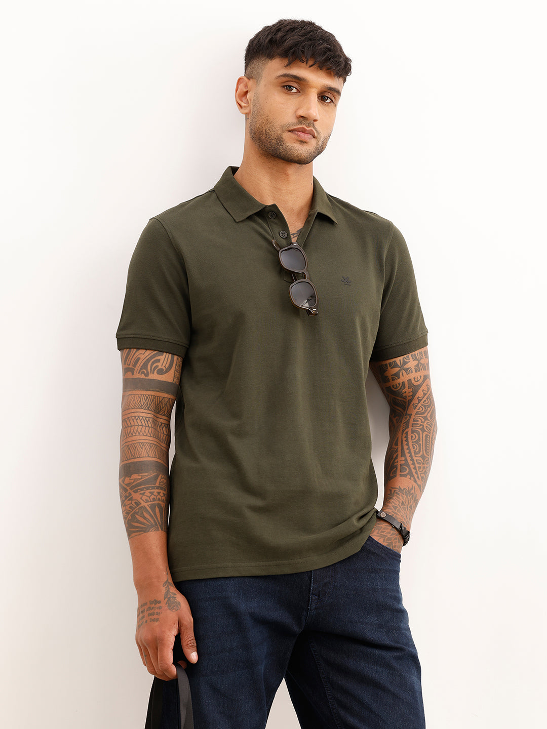Solid Regular Fit Full Sleeve Polo T-Shirt | Olive