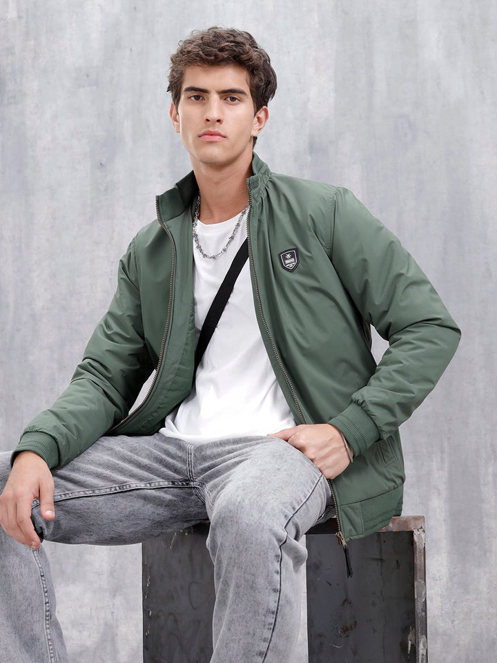 Men's Solid Casual Bomber Jacket | Green