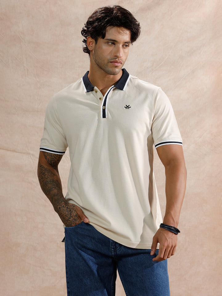 Stripped Collar Slim Fit Polo T-Shirt | Beige
