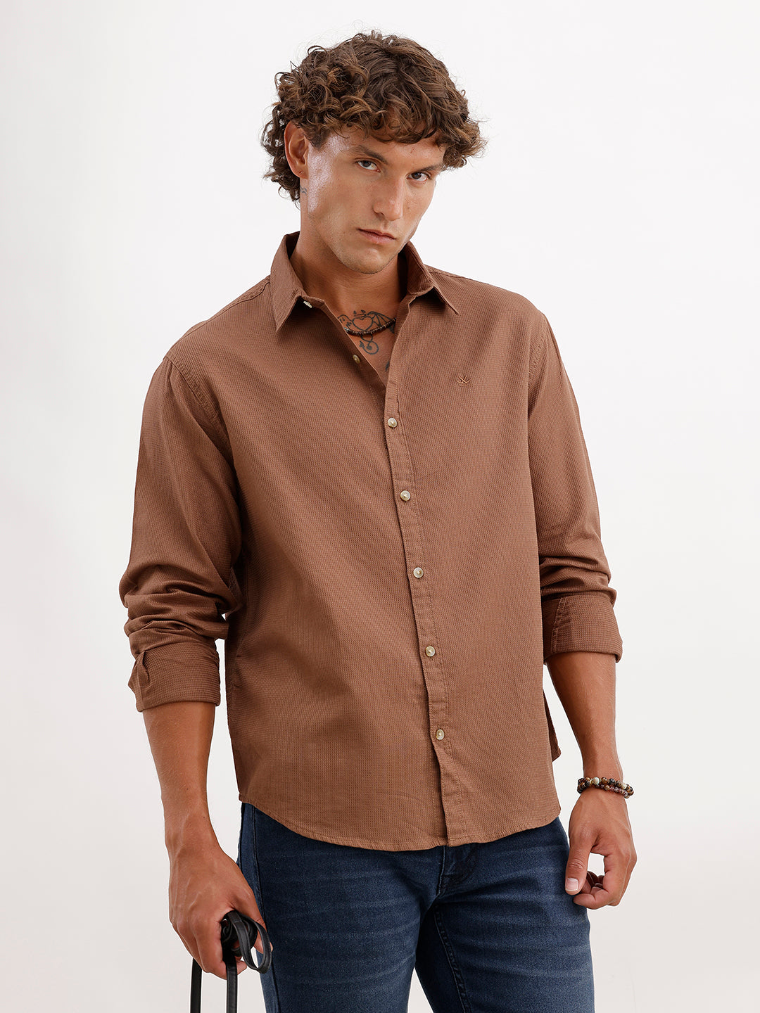 Textured Slim Fit Full Sleeve Shirt | Brown