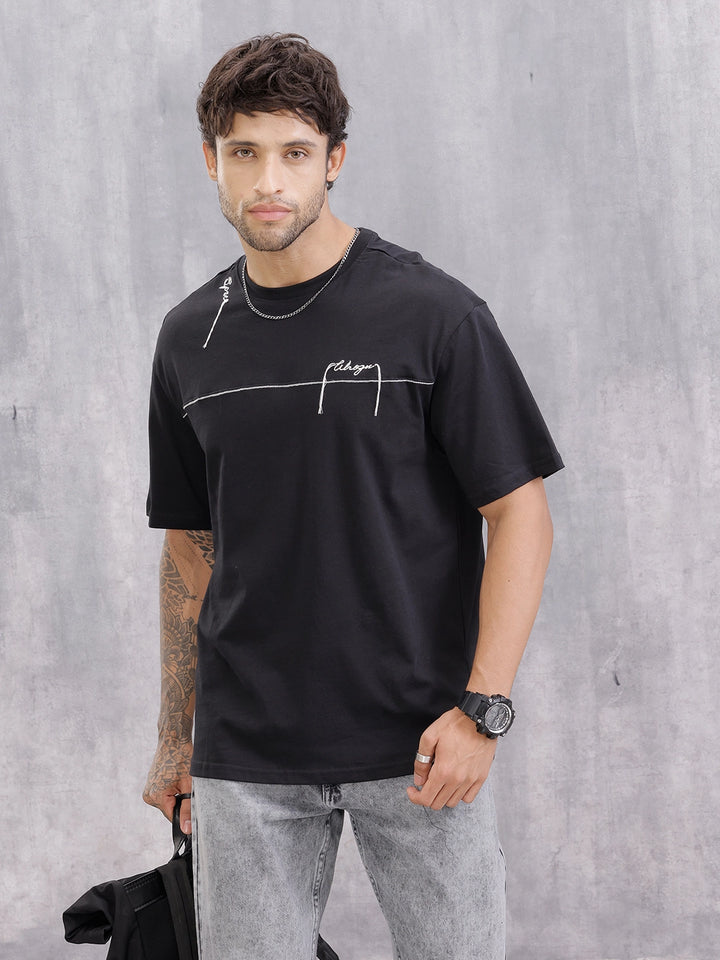 Casual Look Oversized Fit T-shirt With Embroidery And Chain Stitch Detail | Black