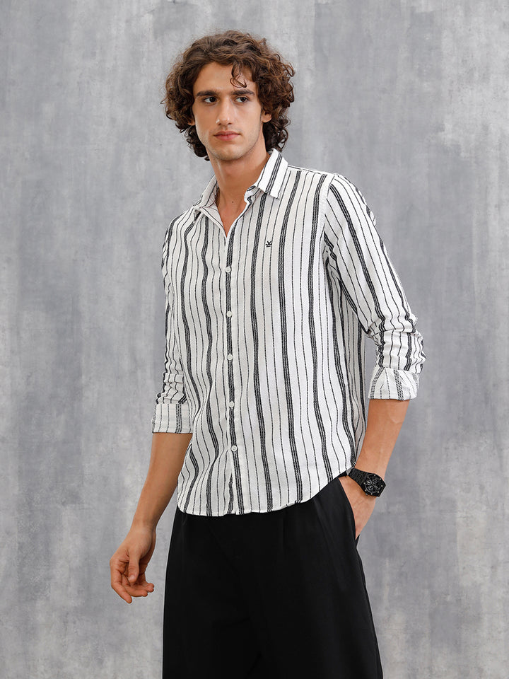 Slim Fit Stripe Shirt In Chenille Yarn | White