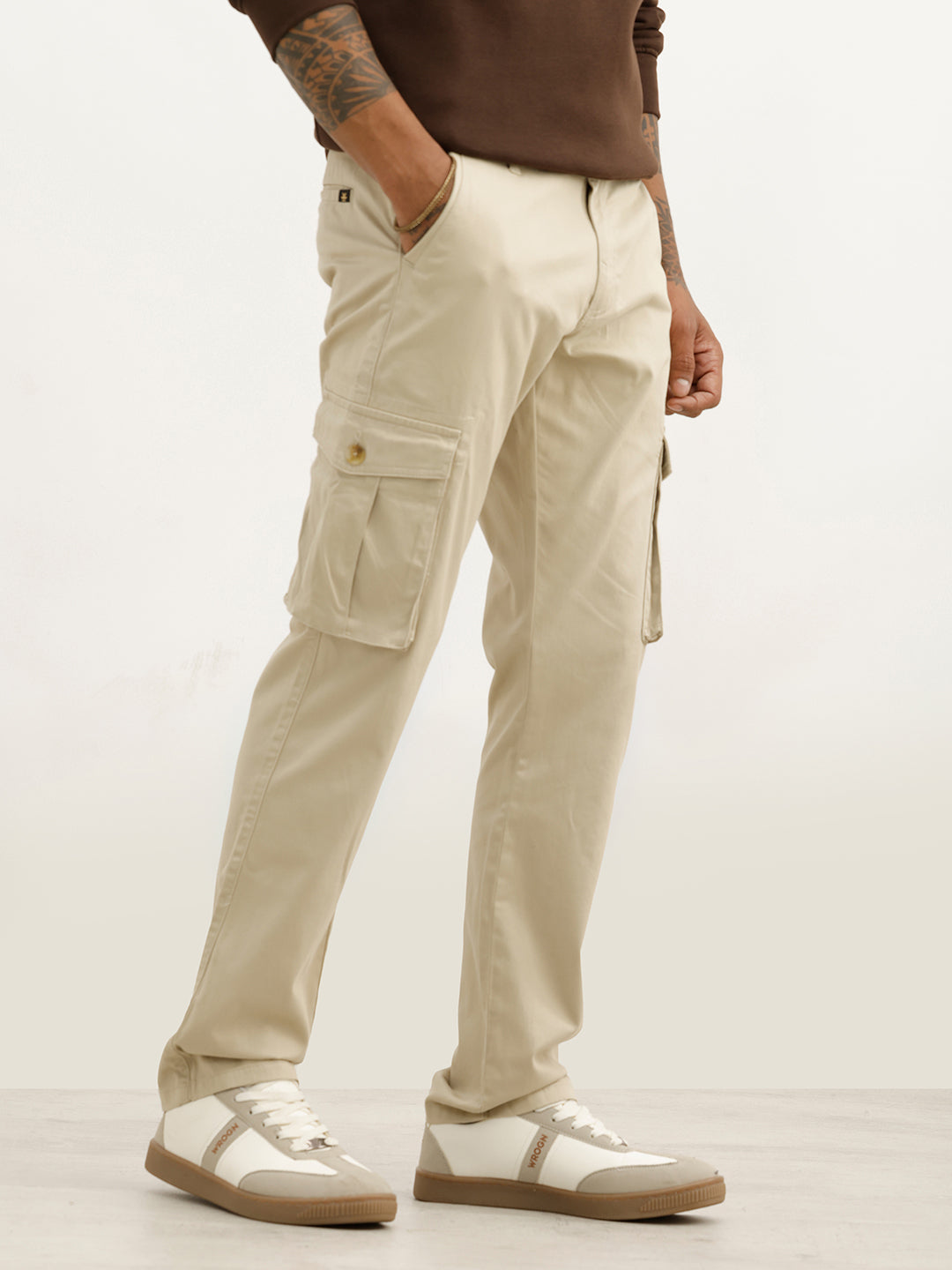Solid Straight Fit Cargo Trouser | Beige
