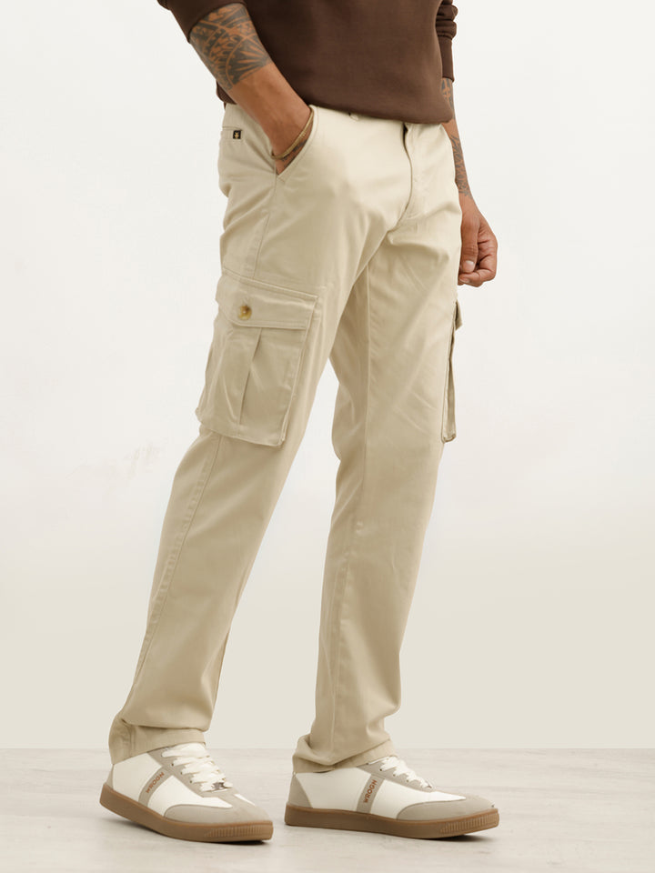 Solid Straight Fit Cargo Trouser | Beige