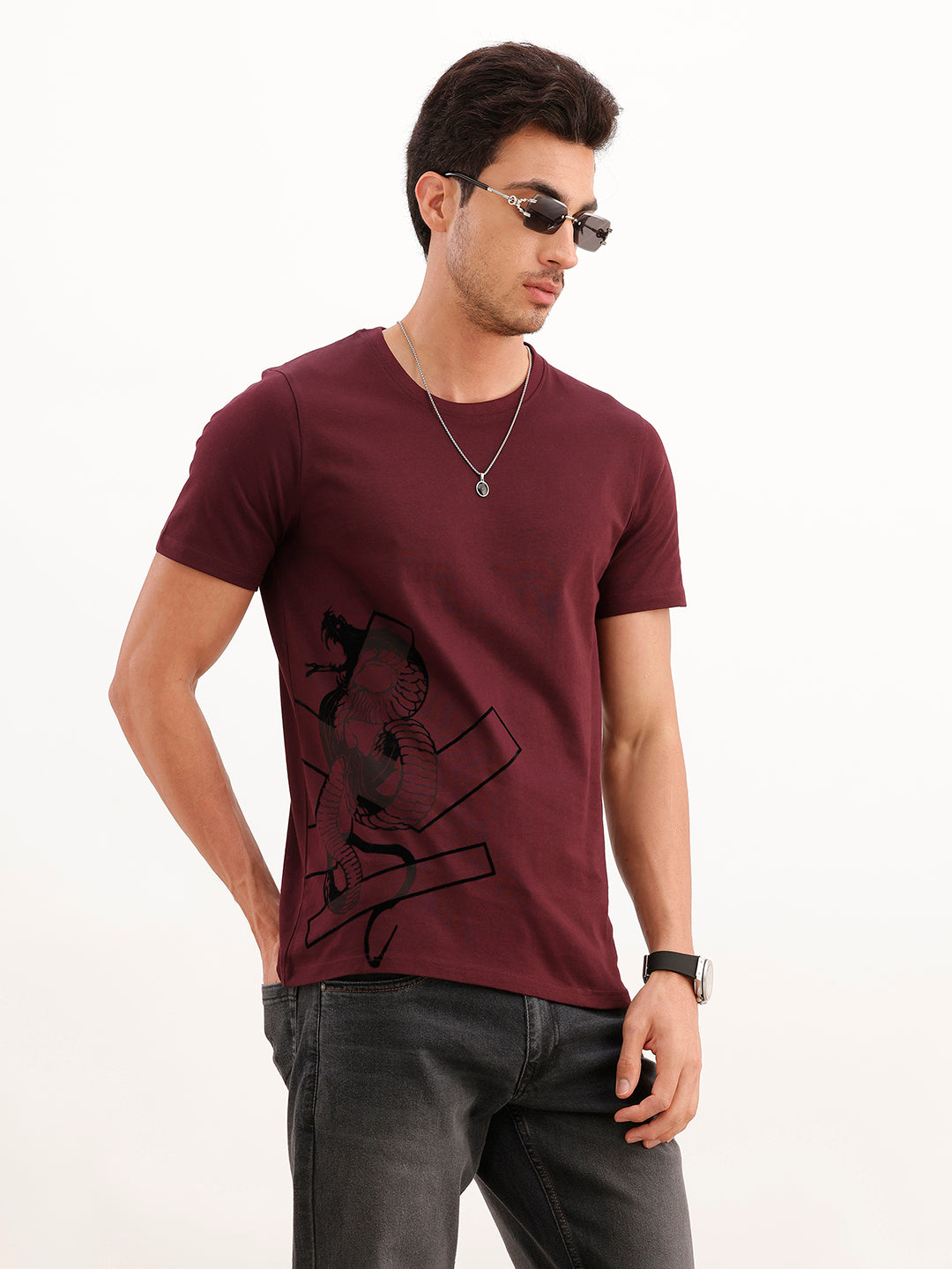 3D Flock Placement Printed T-Shirt | Wine