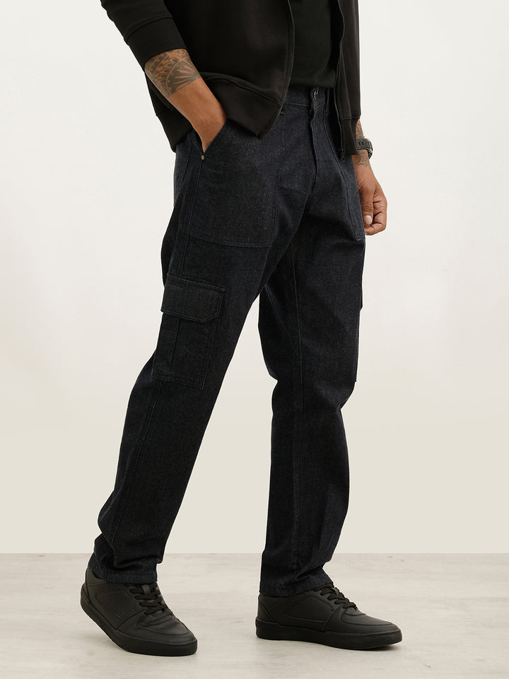 Washed Cargo Fit Denim Cargo Pant | Dark Blue