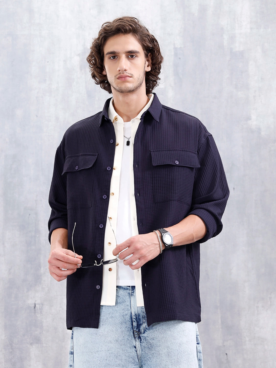 Men's Casual Solid Double Pocket Oversized Fit Shirt | Black