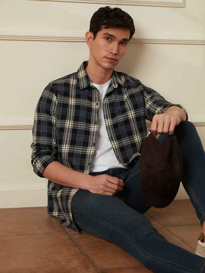 Textured Checks Slim Fit Shirt | Black