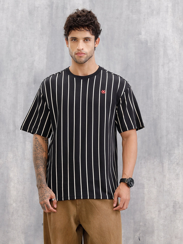 Striped Oversized Fit T-shirt With Puff Print | Black