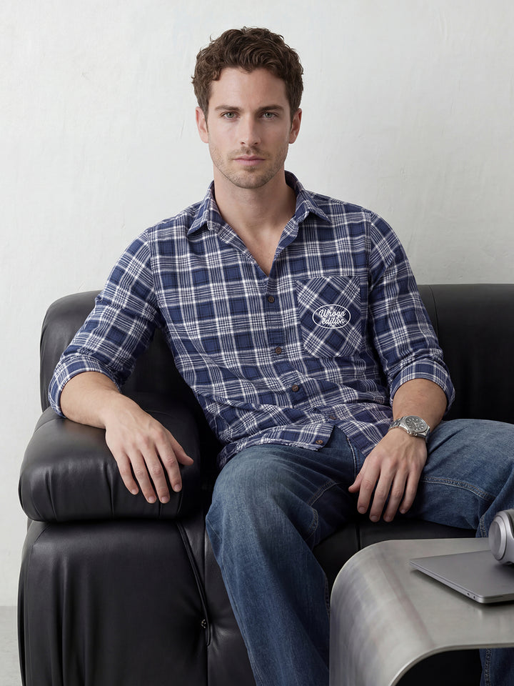 Refined Checks Slim fit Signature Embroidery shirt | Navy Blue