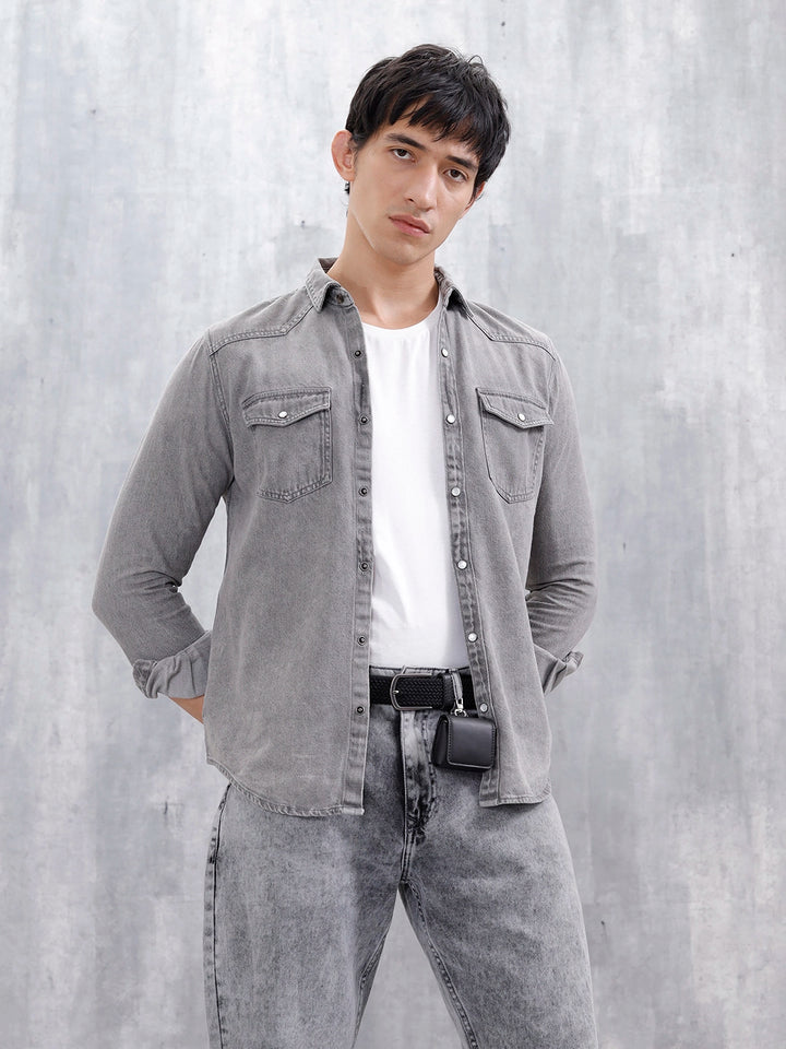 Men's Washed Slim Fit Denim Shirt | Grey
