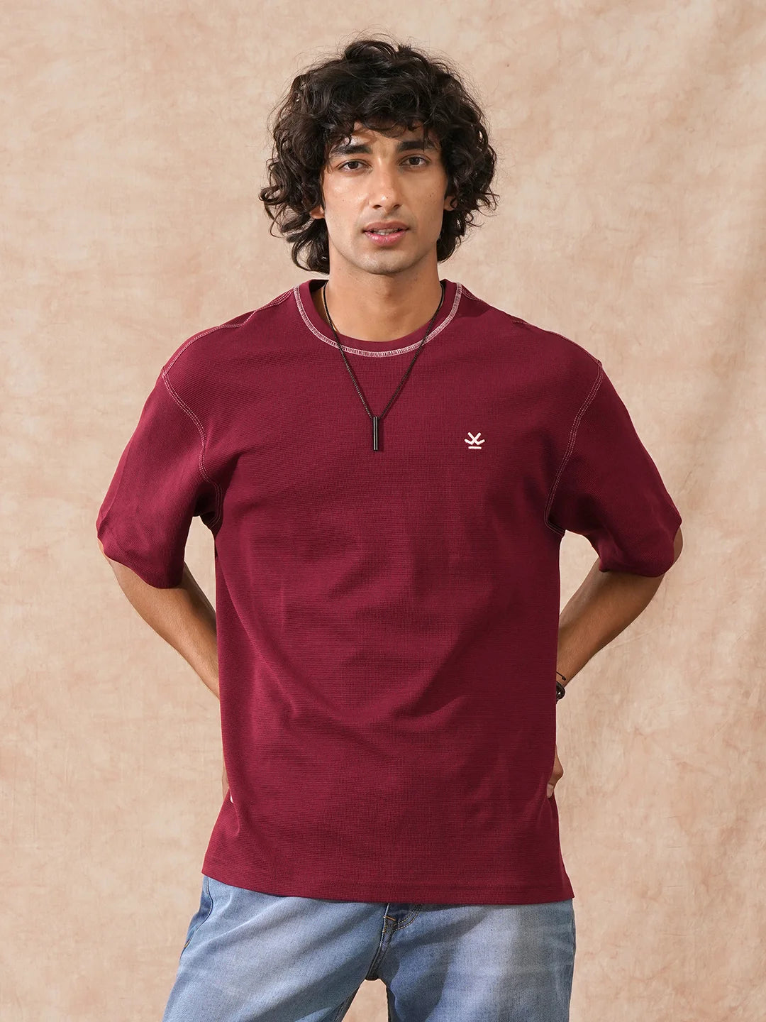 Textured Waffle Knit T-Shirt | Maroon