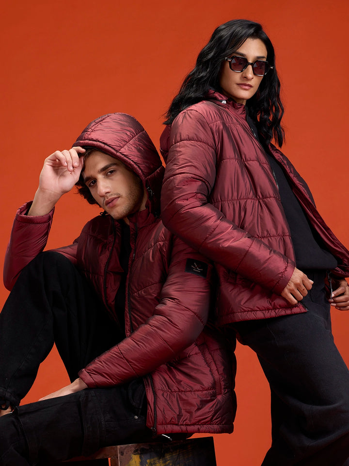 Metallic puffer jacket with hood | Wine