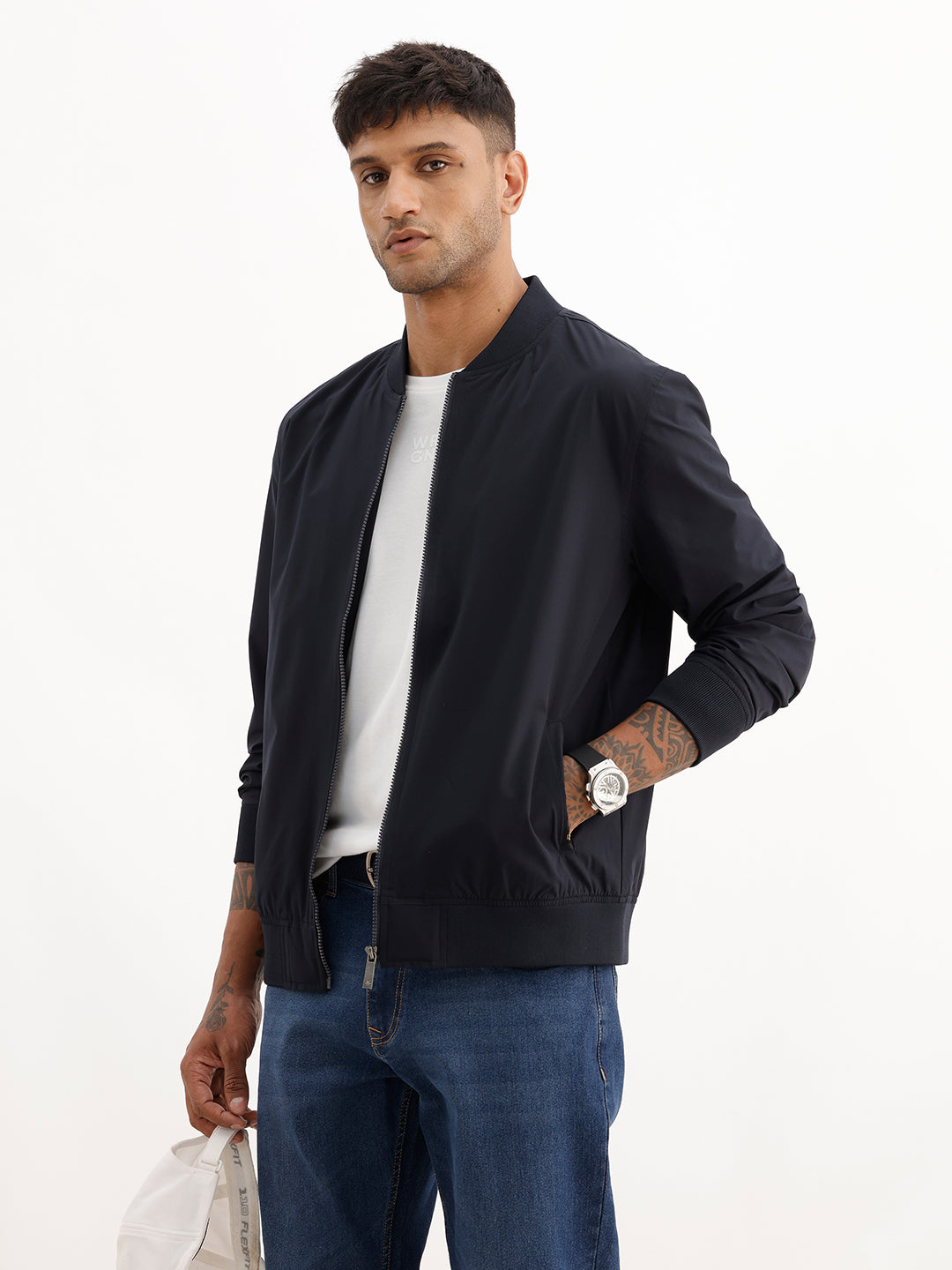 Solid Regular Fit Zipper Jacket | Navy Blue