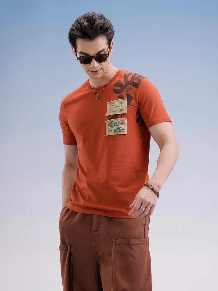 Slim Fit Placement Patch Printed T-Shirt  | Rust
