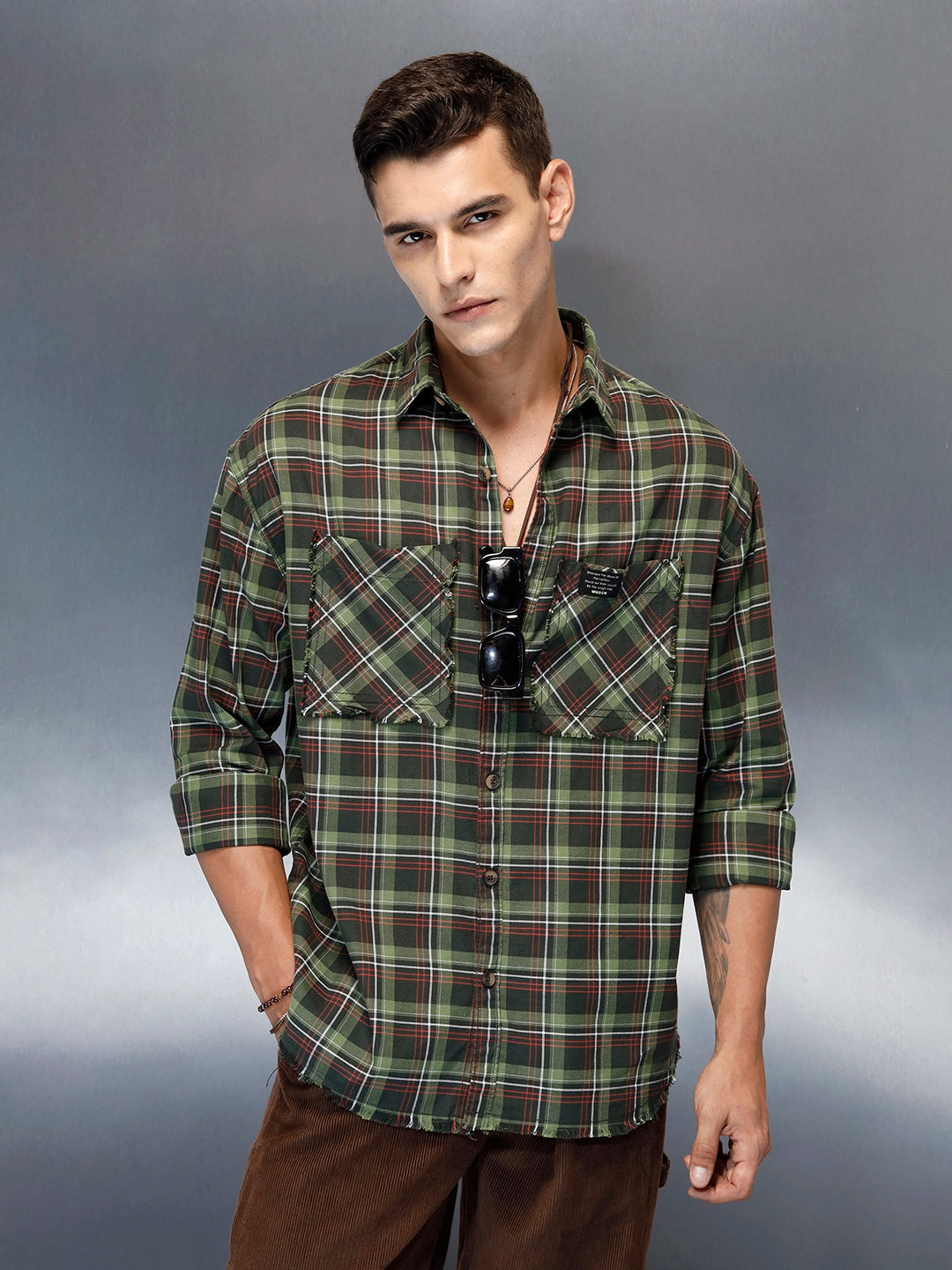 Men's Casual Oversized Fit Checkered Pattern Shirt | Green – Wrogn