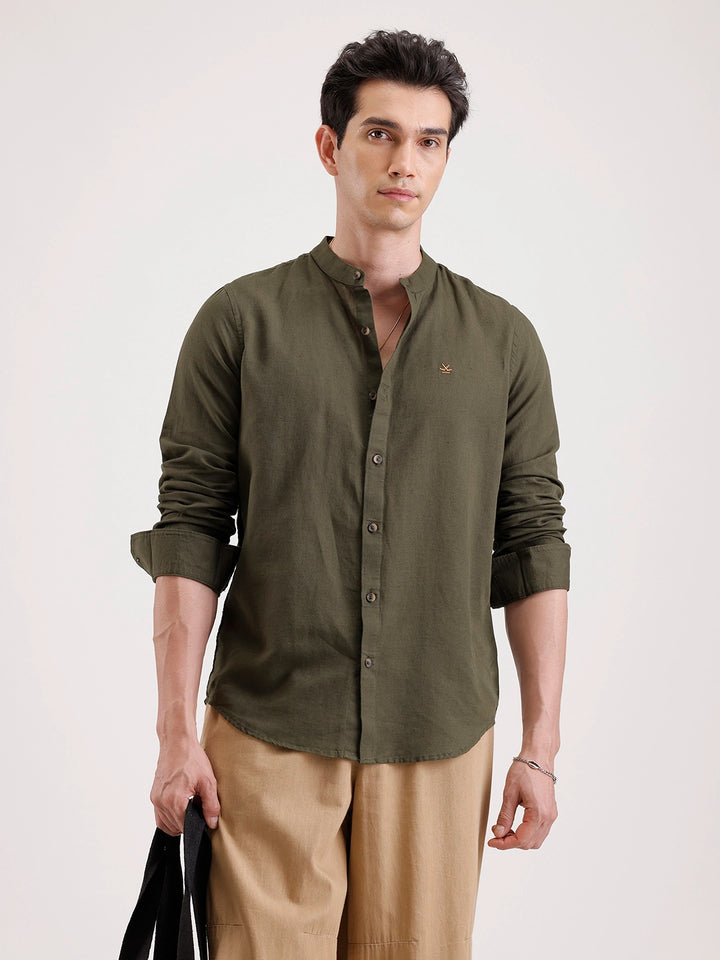 Slim Fit Mandrin Collar Linen Blend Shirt  | Olive