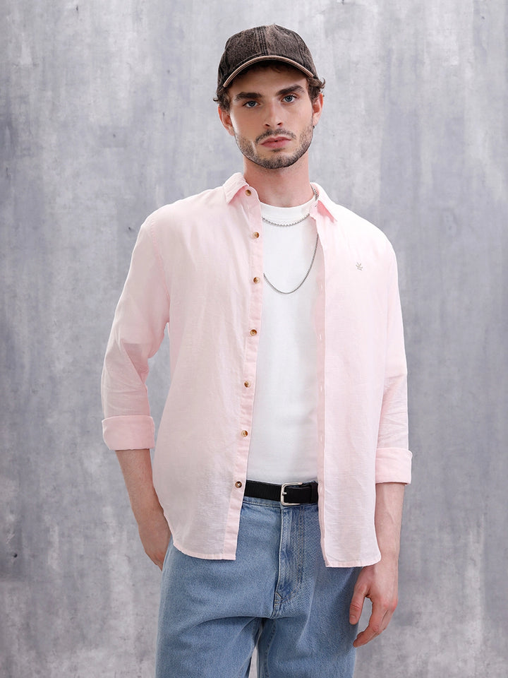 Solid Linen Blend Slim Fit Shirt | Pink