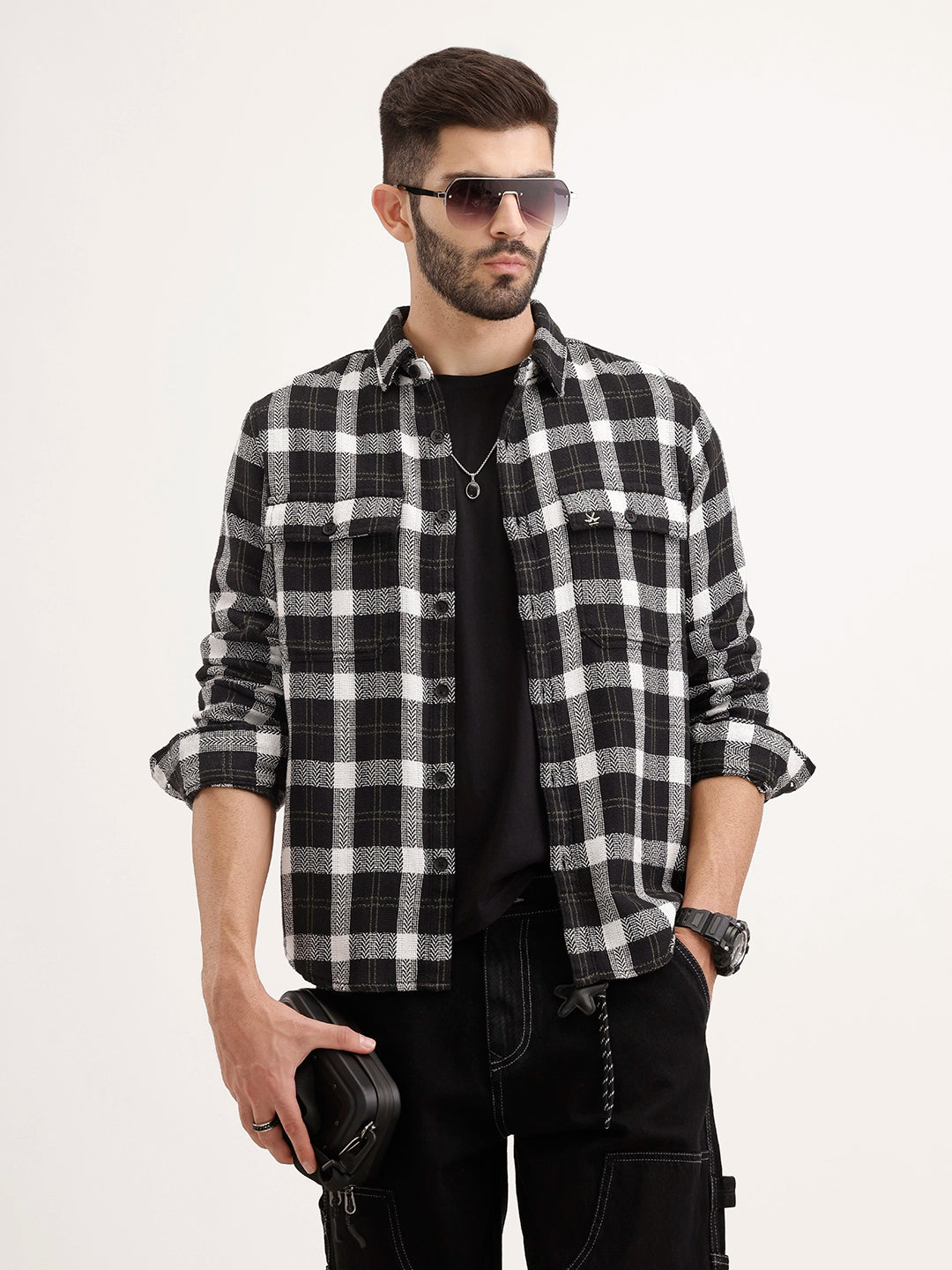 Regular Fit Herringbone Checkered Shirt | Black