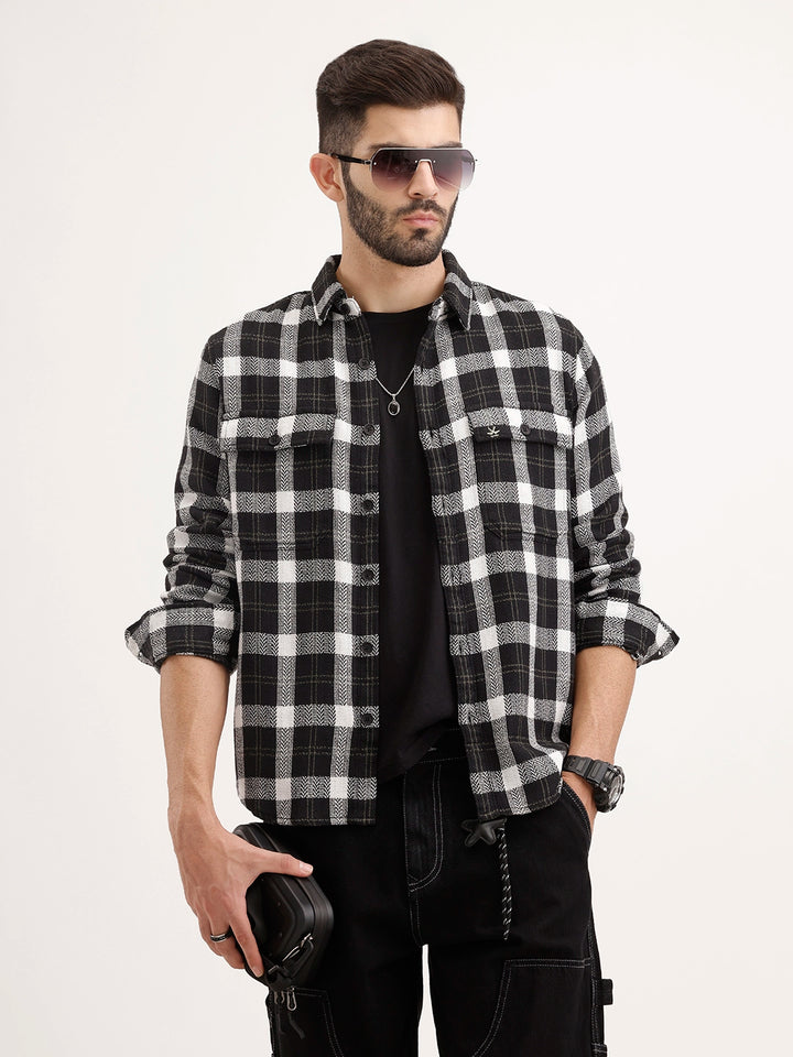 Regular Fit Herringbone Checkered Shirt | Black