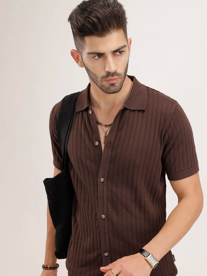 Slim Fit Textured Half Sleeve Shirt | Brown