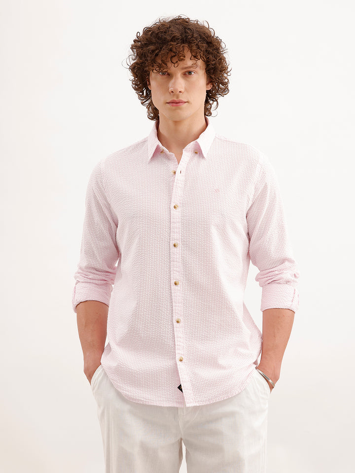 Slim Fit Textured Striped Shirt  | Pink