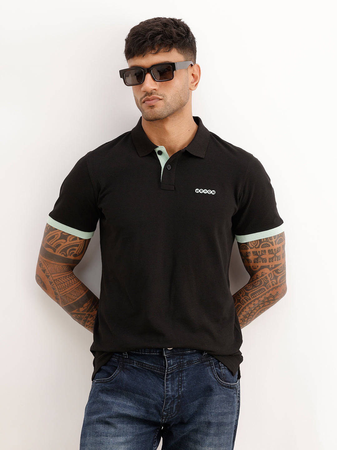 Solid Contrast Sleeve Polo T-Shirt | Black