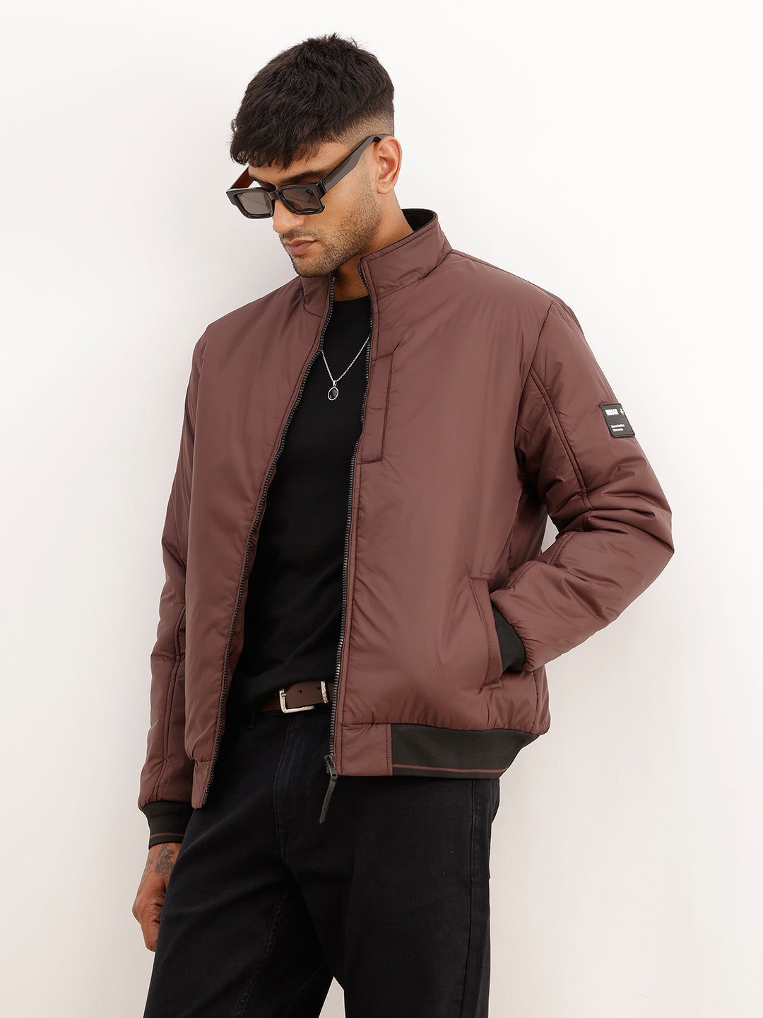 Solid Regular Fit Puffer Jacket | Brown