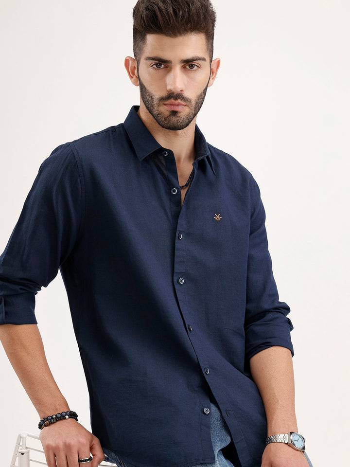 Solid Slim Fit Linen Blend Shirt  | Navy Blue