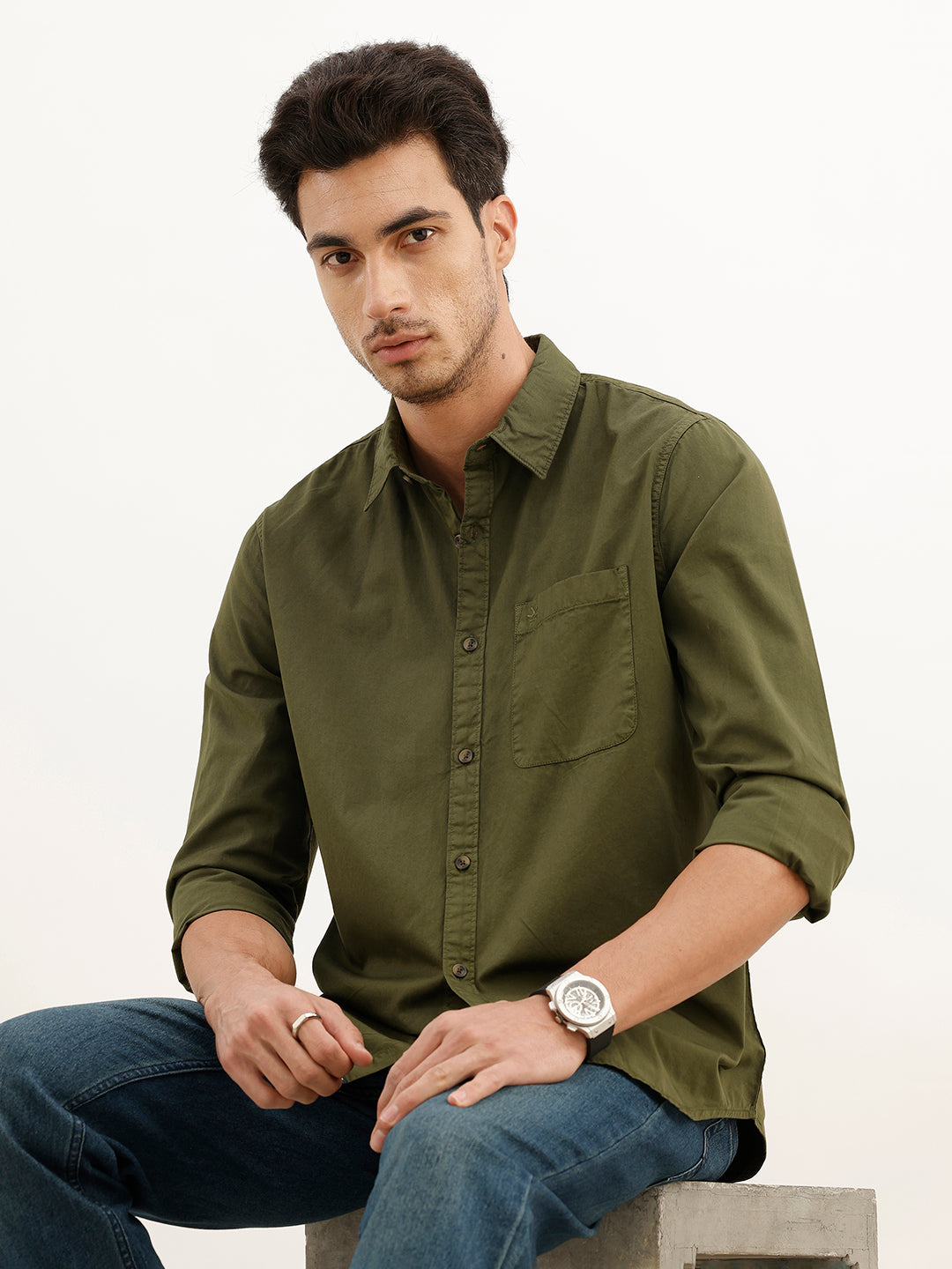 Solid Regular Fit Full Sleeve Shirt | Olive