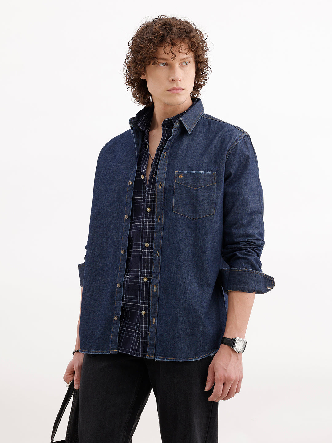 Slim Fit Distressed Denim Shirt | Dark Blue