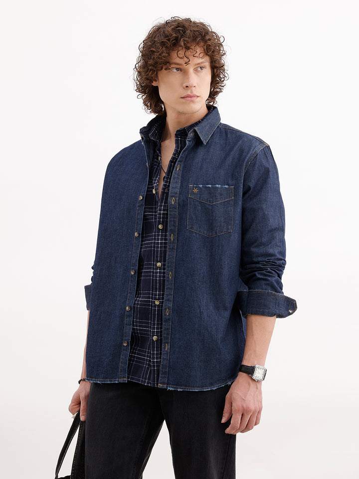 Slim Fit Distressed Denim Shirt | Dark Blue