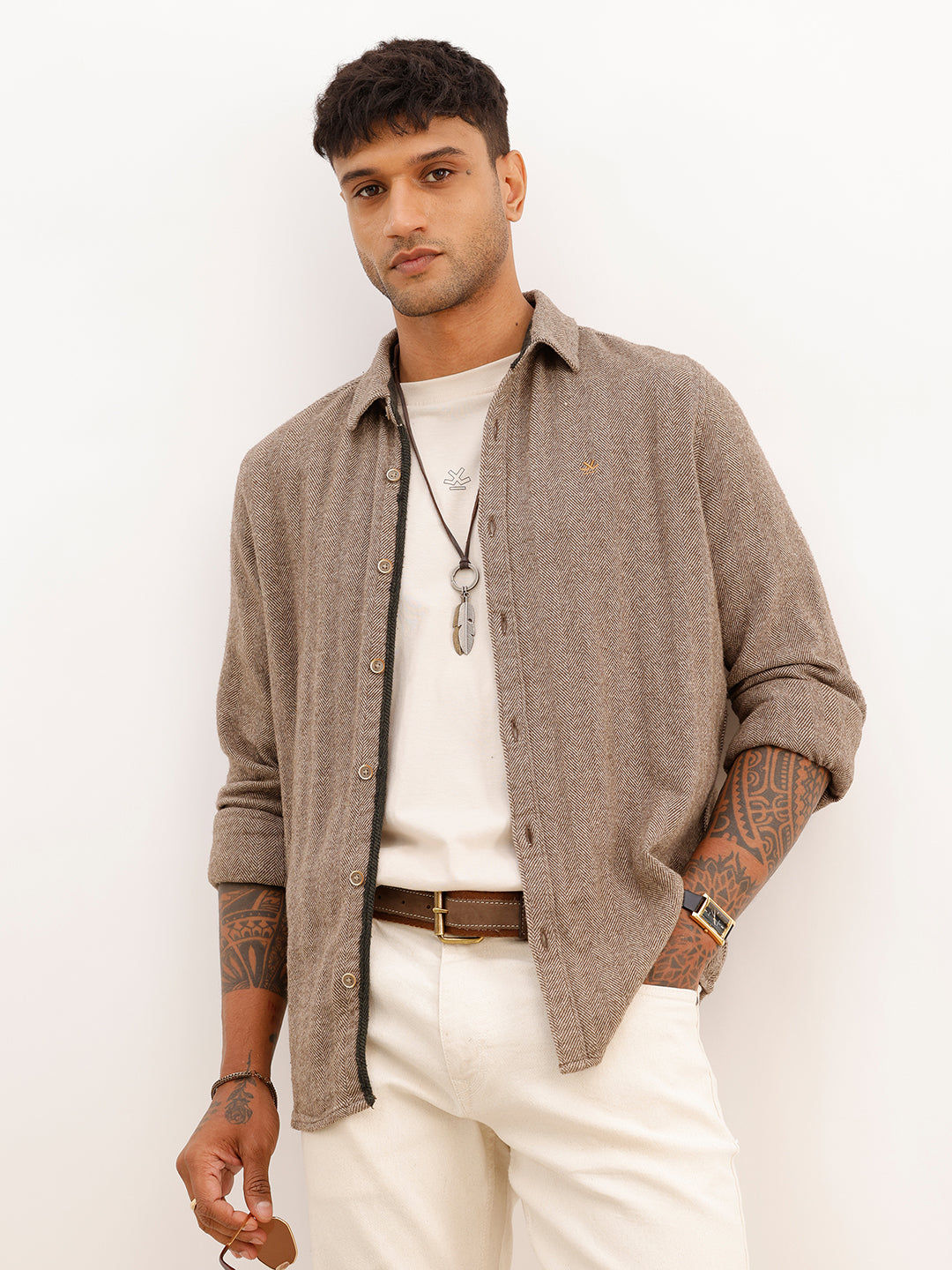 Slim Fit Herringbone Knit Full Sleeve Shirt | Brown