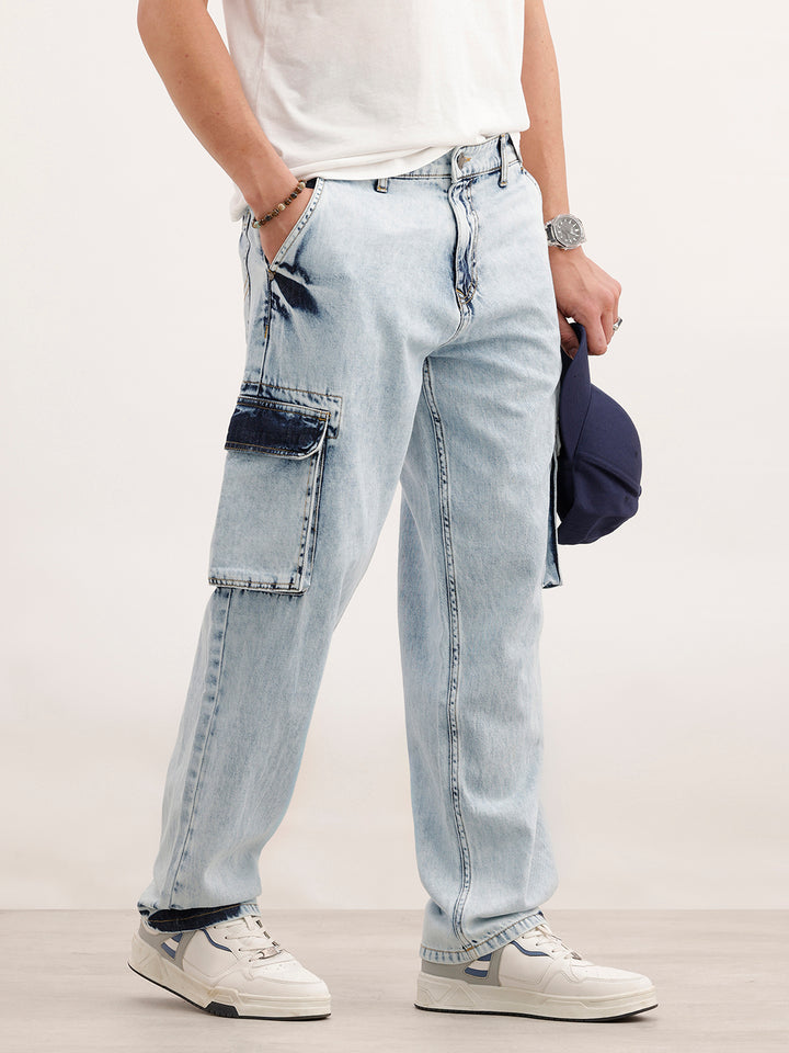 Loose Fit Cargo Denim Jeans  | Light Blue