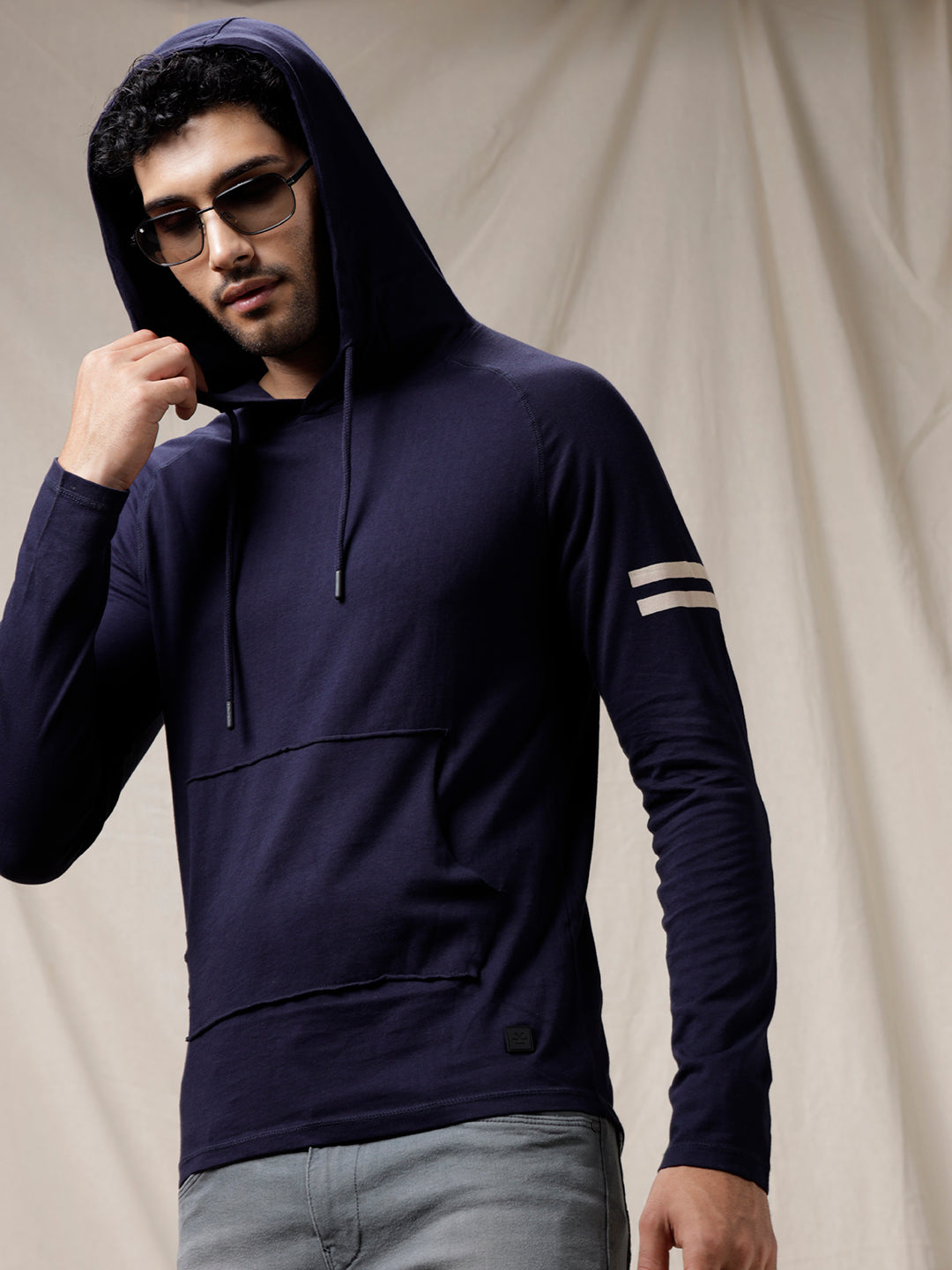 Navy Solid Hooded T-Shirt