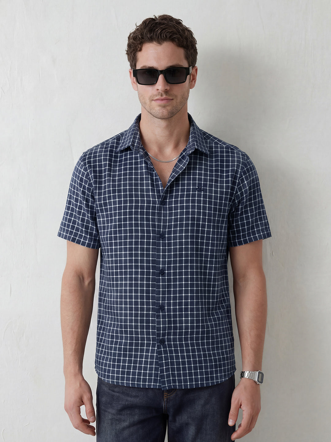 Classic Windowpane Checks Comfort Fit Shirt | Dark Blue
