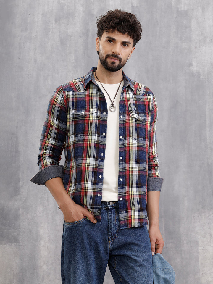 Acid Washed Indigo Check Shirt With Western Yoke | Red