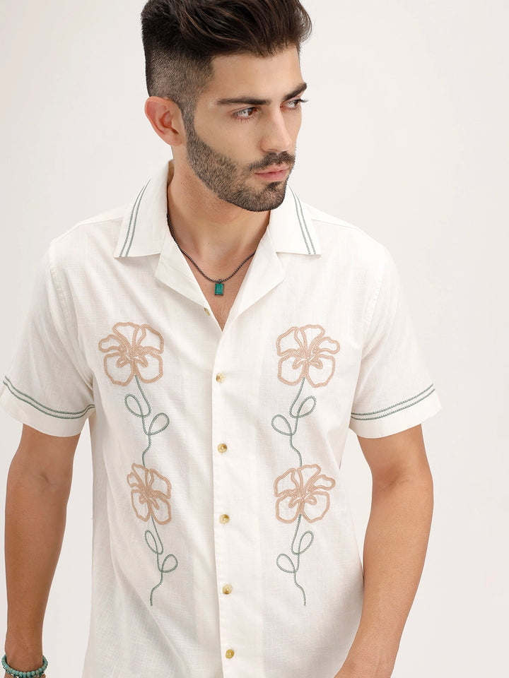 Slim Fit Emroidered Resort Collar Shirt | White
