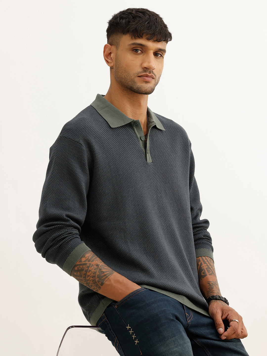 Classic Contrast Collar Knitted T-Shirt | Blue