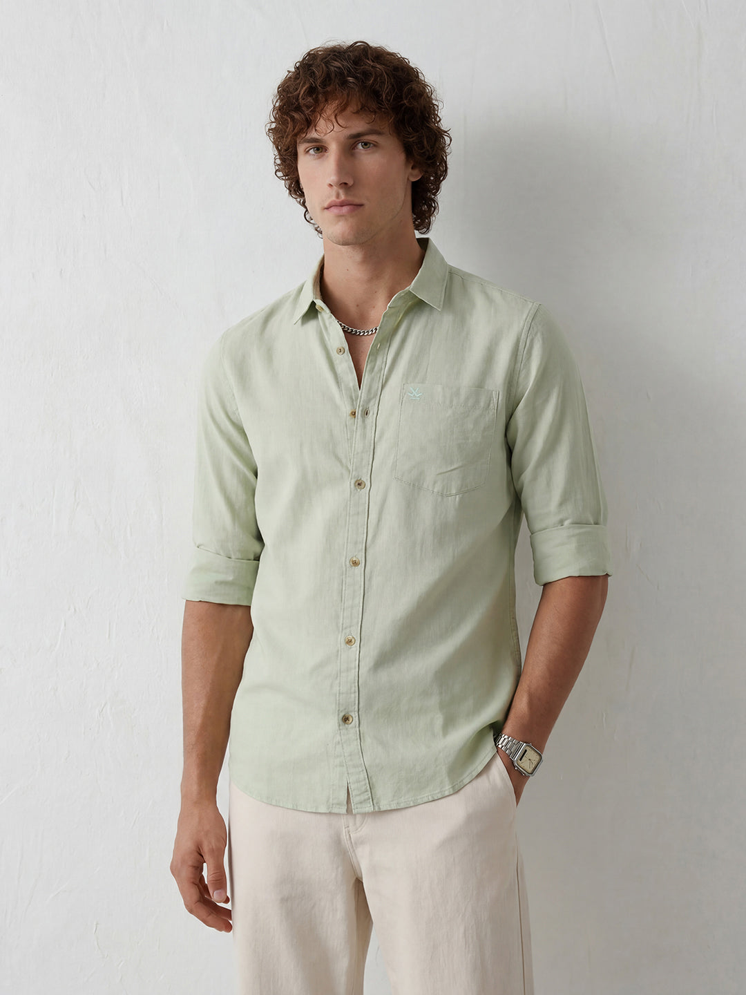 Solid Slim Fit Full Sleeve Shirt | Light Green