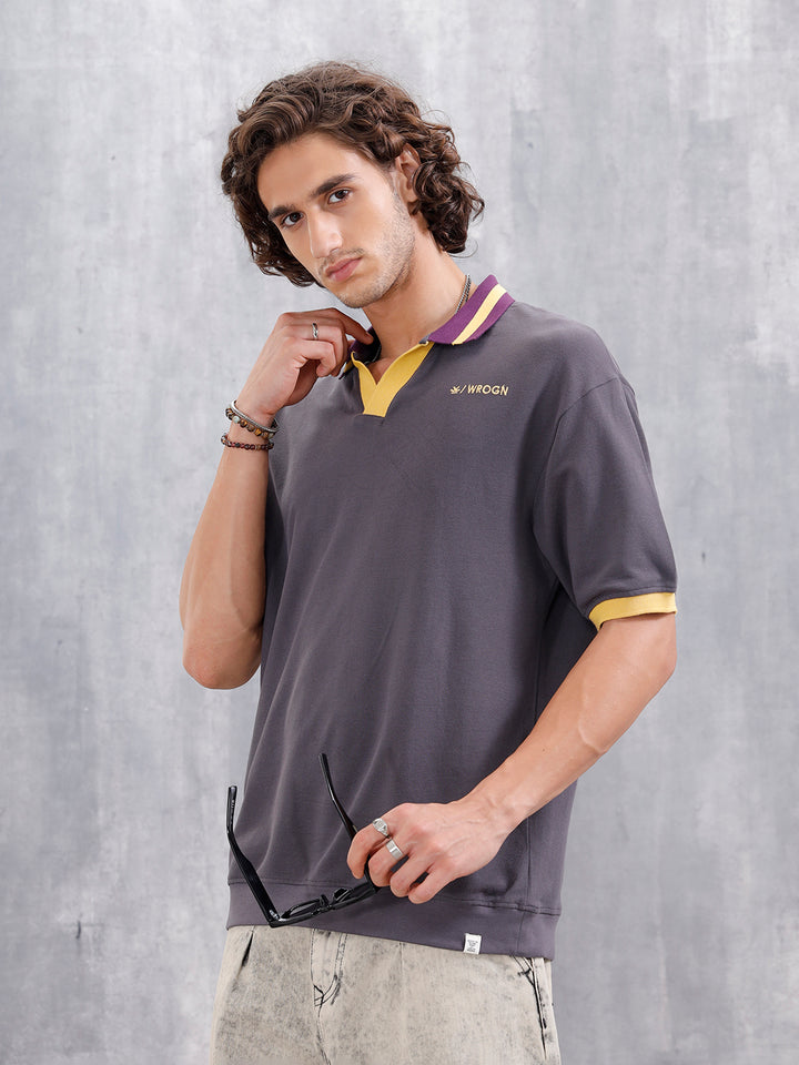 Oversized Johnny Collar Polo T-Shirt With Contrast Collar | Dark Grey