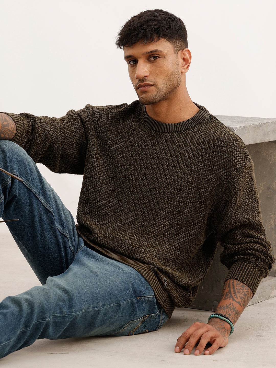 Comfort Fit Textured Knited Sweater | Olive