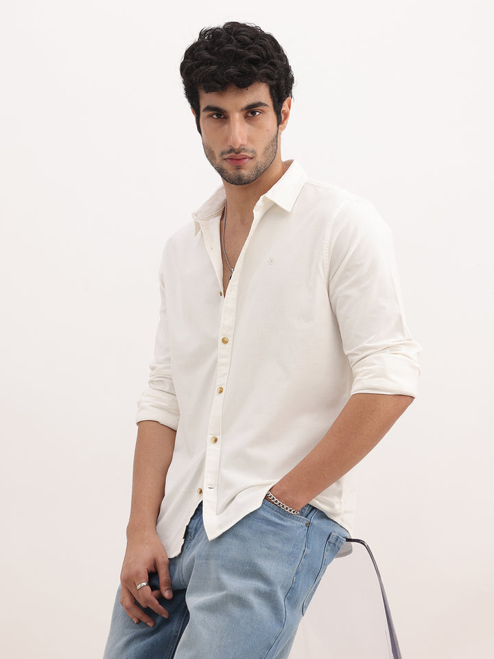 Slim Fit Solid Corduroy Shirt | White
