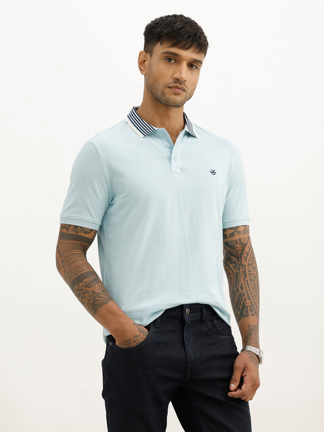 Classic Slim Fit Contrast Collar Polo T-Shirt | Light Blue