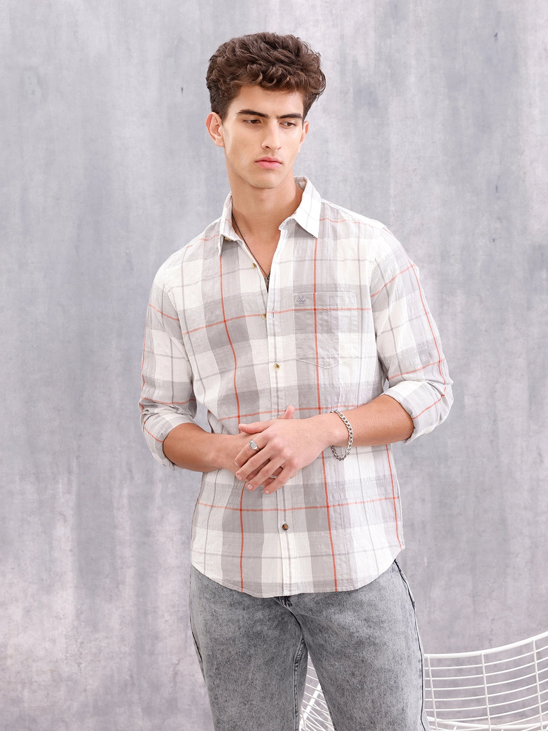 Neutral Check Pattern Casual Shirt – A Refined Everyday Essential | Grey