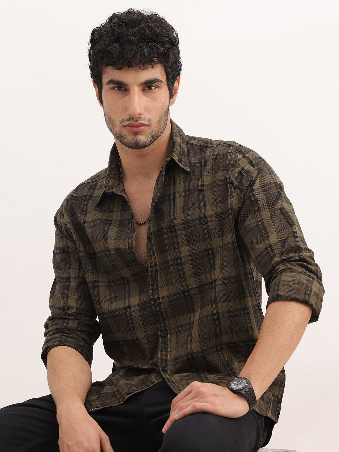 Slim Fit Checkered Full Sleeve Shirt | Olive