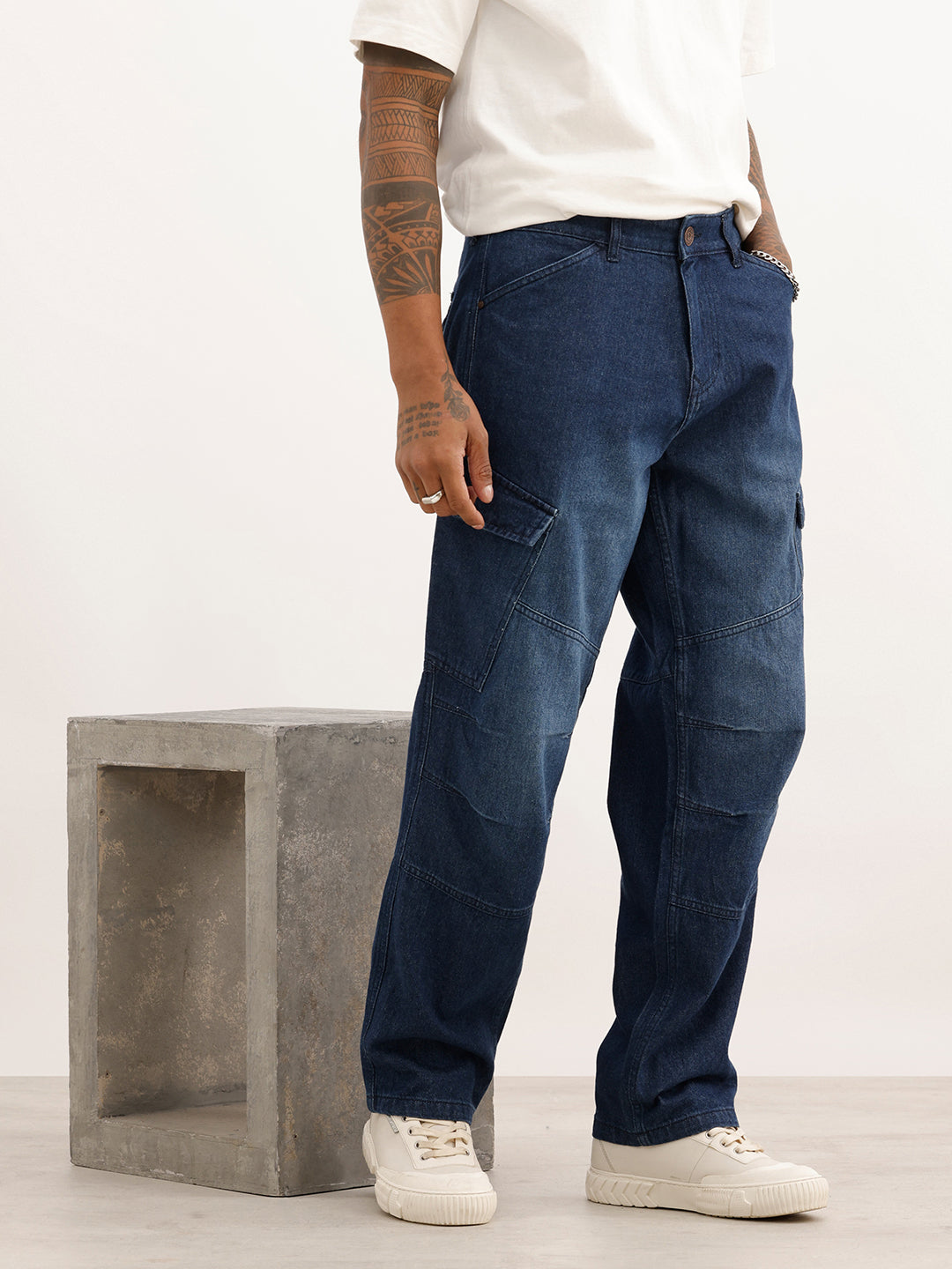 Faded Loose Fit Denim Cargo | Dark Blue