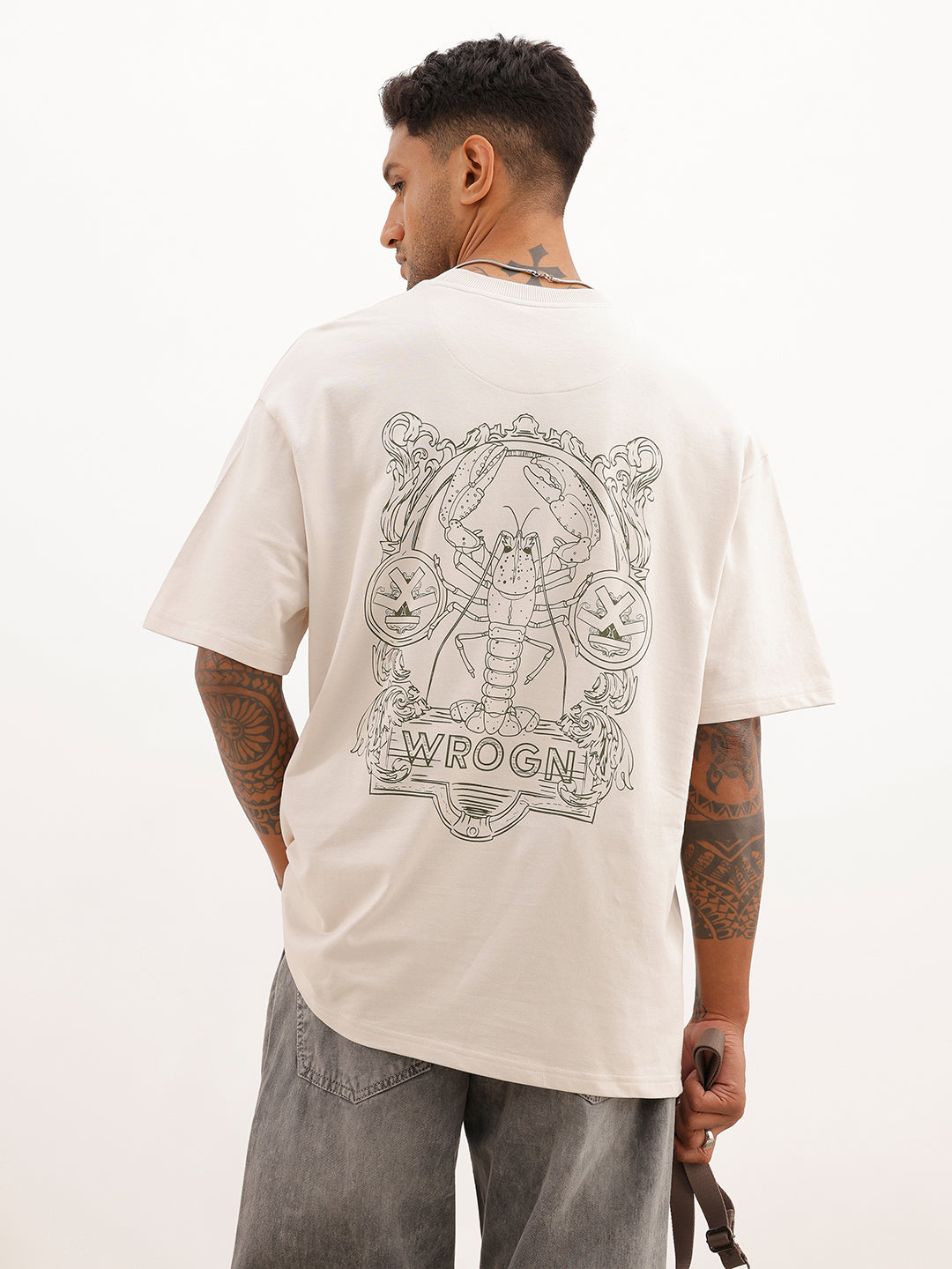 Classic Oversized Fit Back Print T-Shirt | Beige